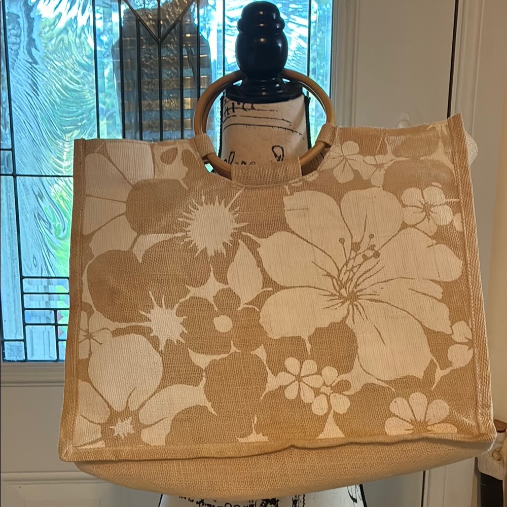 Floral Beige Tote Bag with Wooden Handles